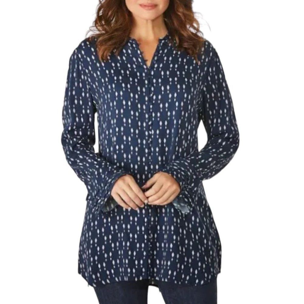 Soft Surroundings Women’s S Poet Blouse Top‎ Ruffle Cuff Navy Longline Diamond